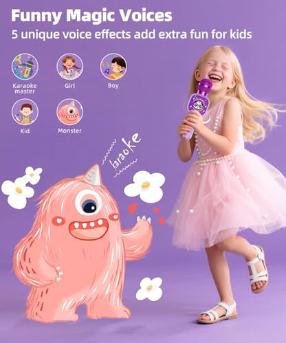 Kids Karaoke Microphone Mini, Bluetooth Voice Changer Toy Ages 3-12, purple | LED Party Lights, Rechargeable Portable, Long Playtime, Duets, BT 5.3, Christmas Birthday Gifts for Toddler Boys & Girls - color: purple - 1