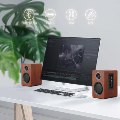Computer Speakers, Bluetooth 5.3, USB-C, AUX/RCA, 3-Inch Woofer, Brown | A 3-inch carbon fiber woofer and 1-inch silk dome tweeter in wood cabinets. For PCs, turntables, TVs, gaming and music. - color: Brown