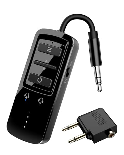 Airplane Bluetooth Transmitter Receiver for 2 Headphones, Black | Wireless Audio Adapter for Plane, TV, Gym, Travel, Compatible with 3.5mm Aux Jack on Car and Home Stereo - color: Black