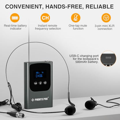 Phenyx Pro Dual Digital Headset/Lapel Wireless Microphone System PDP-2-2B | 2 Bodypack Transmitters, Mini Receiver, 2 x 15 Frequencies, Hands-Free Vocals, Karaoke