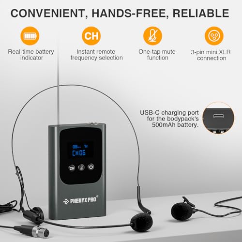 Phenyx Pro Single Digital Headset/Lapel/Lavalier Microphone System PDP-1-1B | Bodypack Transmitter, Mini Receiver, 15 Channels, Hands-Free Vocals, Karaoke, Church Services, Weddings, 900MHz