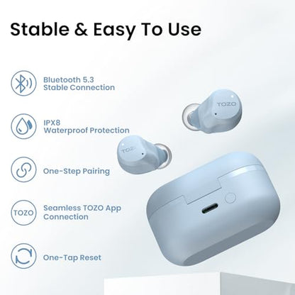 TOZO NC9 Hybrid Active Noise Cancelling Wireless Earbuds, 60H, LED Display | 6 Mic ENC Clear Calls, Deep Bass Sound, IPX8, in Ear Bluetooth 5.3 Headphones,32 EQs via APP,Comfort Fit Ear Buds,Light Blue - color: Light Blue