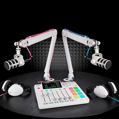 Rode PodMic White (Pair) Cardioid Dynamic Broadcast Microphones with 2X Mini Tripod Desktop Mic Stands and 2X XLR Cables