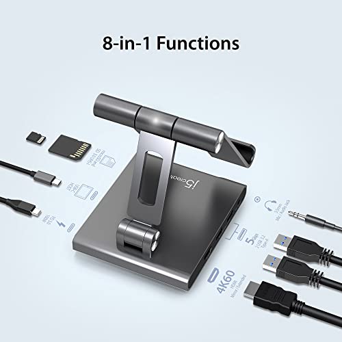 j5create Adjustable Tablet Stand with USB Type C Docking Station for iPad | Pro/Air/mini : 4K60 HDMI, 2 x USB-A 5Gbps, 100W PD Charging, microSD/SD Card Reader, 3.5mm Audio Jack (JTS224)