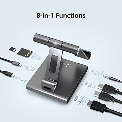 j5create Adjustable Tablet Stand with USB Type C Docking Station for iPad | Pro/Air/mini : 4K60 HDMI, 2 x USB-A 5Gbps, 100W PD Charging, microSD/SD Card Reader, 3.5mm Audio Jack (JTS224)