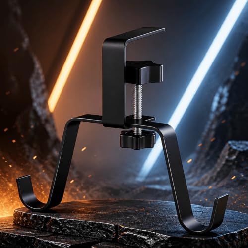 Clamp-On Under Desk Hook – Adjustable Headphone & Bag Holder for Table/Desk – Fits 1-5cm Plate – Reduces Clutter (Black)