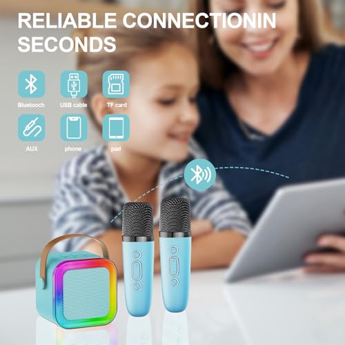 Kids Karaoke Machine Toy Ages 3-12, 2 Wireless Mics BT Speaker, Blue | Voice Changer, LED Party Lights, Duets, BT 5.3, Mini Rechargeable Portable, Christmas Birthday Gifts for Toddler Boys & Girls - color: Blue - 2