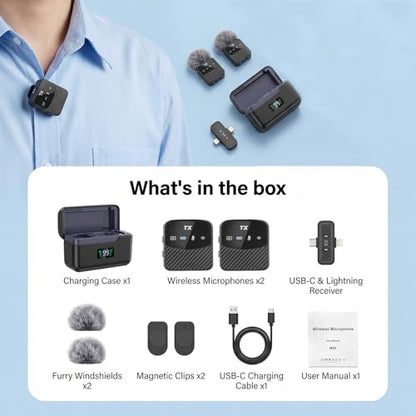 Wireless Lavalier Microphone, Mini Compact Lapel Mic with Magnetic Clip & Charging Case, 25H Long Battery Life, Noise Reduction, Dual Interface for iPhone Android Video Recording Vlogging Podcast
