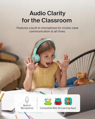 Belkin SoundForm Mini Bluetooth Kids Headphones, On Ear, 30H Battery Life | Toddler headphones, 85dB volume limiter, built-in mic, wired connection option, iPad, Android tablet, school - color: Mint, style: Wireless (USB-C)