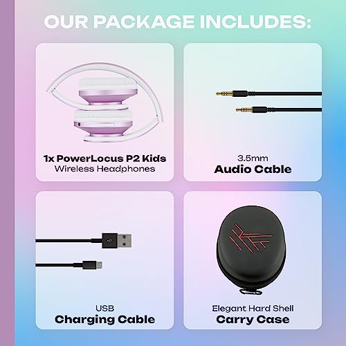 PowerLocus Kids Headphones Over-Ear, Bluetooth Wireless Headphones for Kids,with Microphone, Safe 85DB Volume Limited, Foldable with Carry Case, Audio Cable, Micro SD mode for Online Classes,PC,Phones - color: Purple