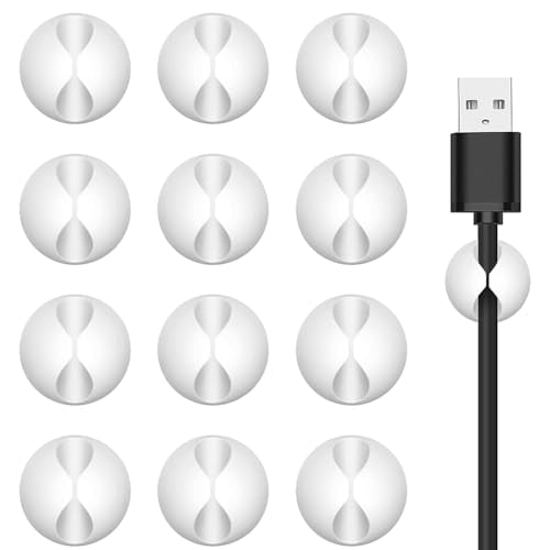 Cord Holder Cable Clips, 12PCS Self-Adhesive Wire Management Keeper Cord Organizer Charger Holder for Desktop USB Charging Cable Nightstand Power Cord Mouse Cable Wire PC Office Home (White)