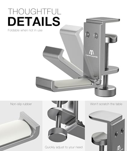 Foldable Headphone Stand and Hook – Aluminum Headset Holder Clamp Mount Under Desk, Universal Fit for Gaming Headphones, Space-Saving Hanger Organizer - color: Silver