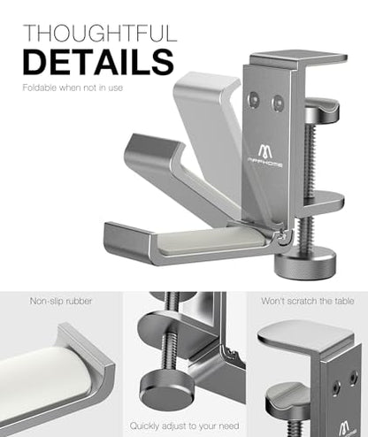 Foldable Headphone Stand and Hook – Aluminum Headset Holder Clamp Mount Under Desk, Universal Fit for Gaming Headphones, Space-Saving Hanger Organizer - color: Silver