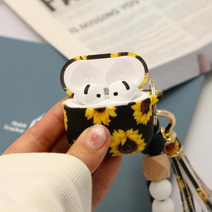 Case Compatible with AirPods 4 Case,Soft Silicone Cover with Bracelet Lanyard and Keychain, Cute Wireless Charging Protective Case for Apple AirPods 4th for Women and Men (Sunflower) - color: Sunflower