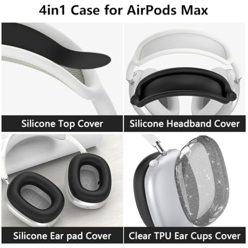 fomissky-sisa 4 in 1 AirPods Max Case Glitter Headphone Covers, Black | Clear TPU Ear Cup Covers, Soft Silicone Earpads + Headband Cover Set, Scratch-Proof Protective Headphone Accessory Gift - color: Black