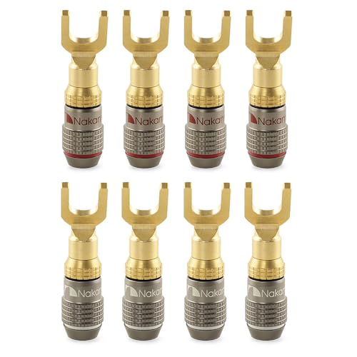 Nakamichi FanLock 24k Gold Plated Spade Y Connector Banana Plugs, 10-18 AWG | Excel Series, Gauge Size 4mm for Speakers Amplifier Hi-Fi Stereo Radio AV Audio Wire Cable Quick Connector, 8 Pcs (4-Pairs) - size: 8 Pcs (4-Pairs)