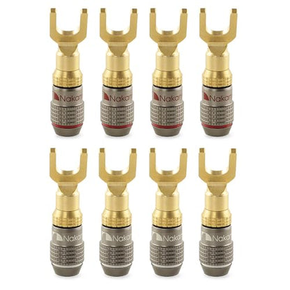 Nakamichi FanLock 24k Gold Plated Spade Y Connector Banana Plugs, 10-18 AWG | Excel Series, Gauge Size 4mm for Speakers Amplifier Hi-Fi Stereo Radio AV Audio Wire Cable Quick Connector, 8 Pcs (4-Pairs) - size: 8 Pcs (4-Pairs)