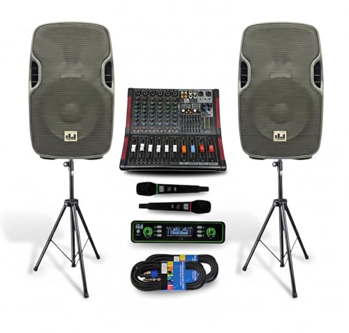 Pa System with Wireless Microphone and Speakers 12", 2000W | Built-in Amplifier w/6 Channel Audio Mixer System, Wireless UHF Microphone, 1000W Passive Speaker, Dual Tripod Stands - size: 12 inch