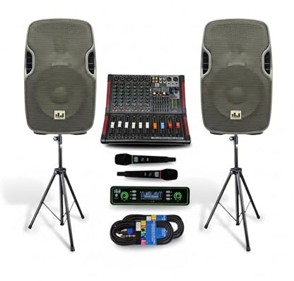 Pa System with Wireless Microphone and Speakers 12", 2000W | Built-in Amplifier w/6 Channel Audio Mixer System, Wireless UHF Microphone, 1000W Passive Speaker, Dual Tripod Stands - size: 12 inch