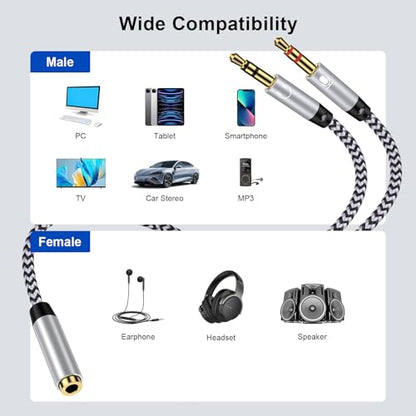 Headphone Splitter Cable for Computer,Braided 3.5mm Mic Cable Female to 2 Dual Male Headset Microphone Y Splitter Cable Mic Audio Stereo Jack Adapter to PC Laptop/Gaming Speaker - color: White
