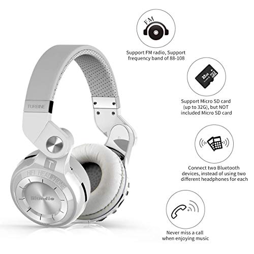 Bluedio T2 Plus Turbine Wireless Bluetooth Headphones with Mic/Micro SD Card Slot/FM Radio (White) - color: White, size: 186x85x200mm, style: closed-back