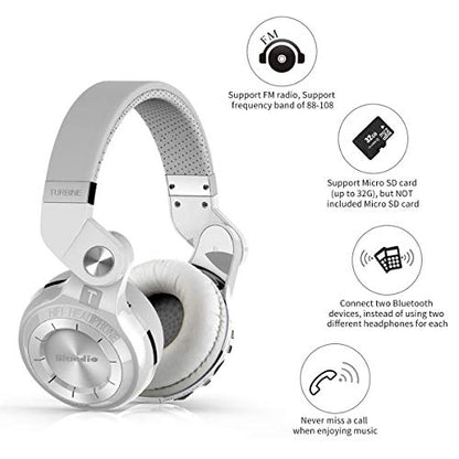 Bluedio T2 Plus Turbine Wireless Bluetooth Headphones with Mic/Micro SD Card Slot/FM Radio (White) - color: White, size: 186x85x200mm, style: closed-back
