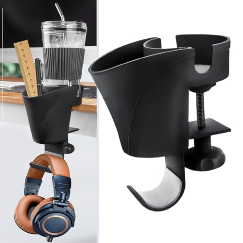Space Saving Clamp On Headphone Holder with Pen Cup Holder for Easy Access On Any Desk Surfaces No Drill Headsets Holder