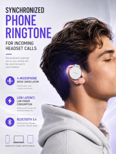 On Ear Headphones Bluetooth 5.4, Noise Cancelling Open Ear Headphones Wireless, Water-Drop Shaped Clip On Sport Headset Bluetooth with 4 Microphone, Comfort Fit Earphones with Long Battery Life - color: white-silver-white