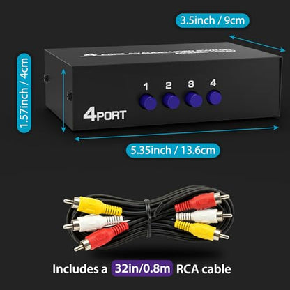 Fosmon 4방향 RCA 스플리터 AV 스위치 4 in 1 출력 오디오 비디오 셀렉터 박스 | HDTV STB DVD 레트로 게임 콘솔용 케이블이 있는 4 in 1 아웃 암 4방향 RCA 컴포지트 AV 스위처 셀렉터 스위치 박스. - color: 4방향