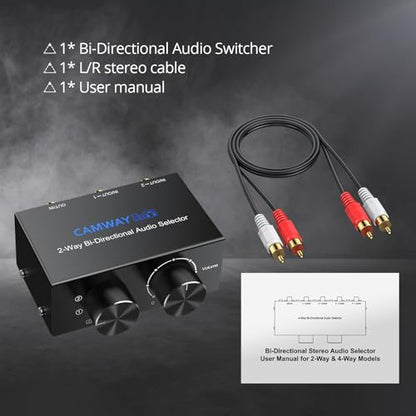 CAMWAY 2X1,1X2 RCA Switcher - RCA L/R and Aux 3.5mm Bi-Directional Stereo Audio Selector Box, Portable with Volume/Off Knob,Professional Audio Splitter for Multiple Audio Source