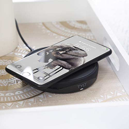 TYLT Crest Round Wireless Charger, Universal Fast Wireless Charging Pad, QI Certified 10w Max Compatible with Apple iPhones, Samsung Galaxy Phones, Wireless Buds and Other QI Capable Devices| Black