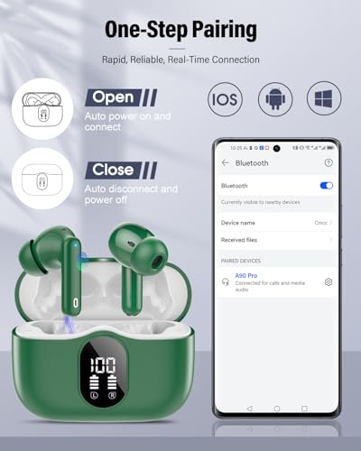 Wireless Earbuds, Bluetooth 5.4 Headphones Bass Stereo/Clear Calls, Green | Ear Buds with Noise Cancelling Mic LED Display in Ear Earphones IP7 Waterproof 36H Bluetooth Earbuds for Phones/Sport/Laptop - color: Green
