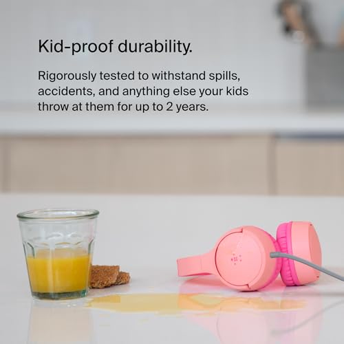 Belkin SoundForm Mini Wired Kids Headphones, On Ear, 3.5mm | Toddler headphones, built-in mic, 85dB safe volume limit, durable design, online learning, classroom, travel - color: Pink, style: Wired