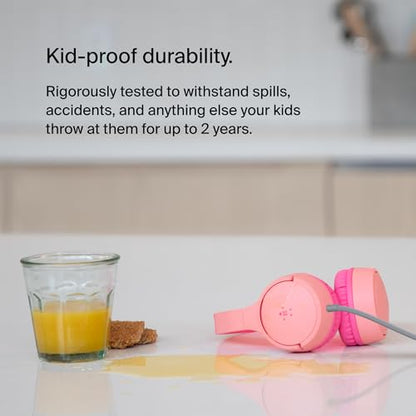 Belkin SoundForm Mini Wired Kids Headphones, On Ear, 3.5mm | Toddler headphones, built-in mic, 85dB safe volume limit, durable design, online learning, classroom, travel - color: Pink, style: Wired