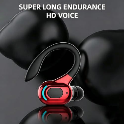 Wireless Headset Business Headphones,Waterproof Hanging Single Ear Earbuds,Mono Wireless Headset Noise Cancelling Sports Wireless Earpiece with Mic for Smart Phones (Red) - color: Red