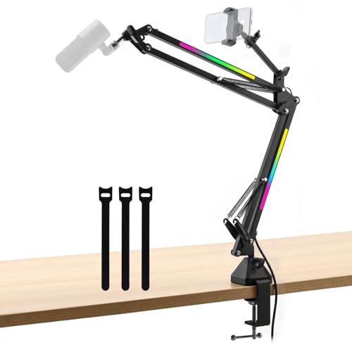 Heavy Duty Mic Boom Arm RGB Steel Scissor Desk Stand for Podcast Gaming | Supports 3.3lb. Thickened alloy steel. Phone holder.12 Light modes.Tool-free. For streaming podcast gaming singing recording