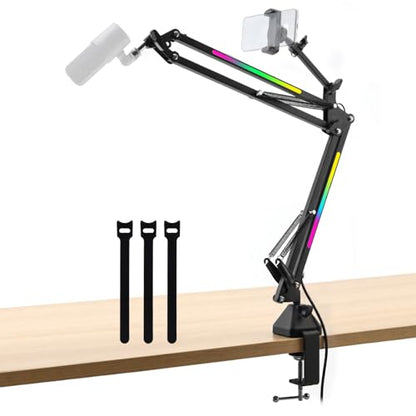 Heavy Duty Mic Boom Arm RGB Steel Scissor Desk Stand for Podcast Gaming | Supports 3.3lb. Thickened alloy steel. Phone holder.12 Light modes.Tool-free. For streaming podcast gaming singing recording