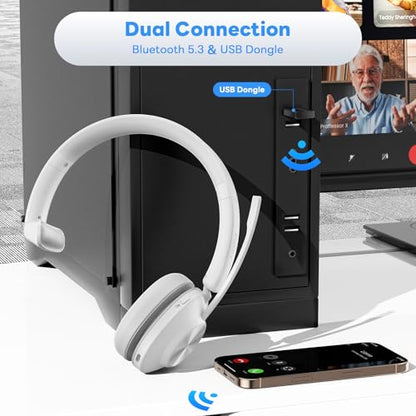 Bluetooth Headset, Wireless Headset with Mic for Work, Bluetooth 5.3, Wireless Headphones with AI Noise Cancelling Microphone (Clear Calls & Mic Mute), USB Dongle, for Computer/PC(White) - color: White