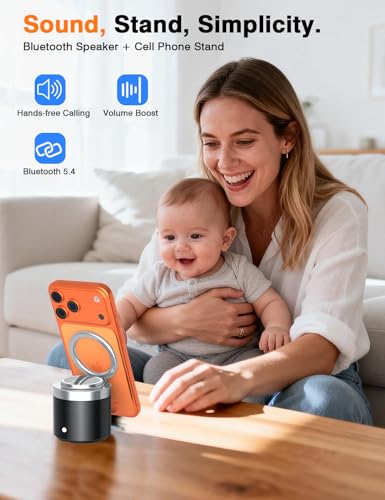 EWA Wireless Bluetooth Speaker with Secure Magnetic Phone Stand (Black) | HD Surround Sound, Anti-Slip Base, Adjustable 90° Viewing, Hands-Free Magnetic Holder for Desk, Kitchen, Workout, Great Gift - color: Black