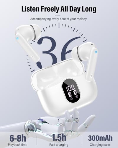 Wireless Earbuds, Bluetooth 5.4 Headphones Bass Stereo/Clear Calls, White | Ear Buds with Noise Cancelling Mic LED Display in Ear Earphones IP7 Waterproof 36H Bluetooth Earbuds for Phones/Sport/Laptop - color: White