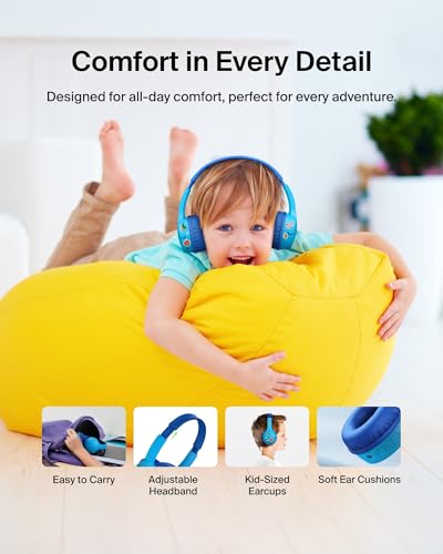 Belkin SoundForm Mini Bluetooth Kids Headphones, On Ear, 30H Battery Life | Toddler headphones, 85dB Volume Limit, Built-in Mic, Wired Connection Option, iPad, Android Tablet, School, Travel - color: Blue, style: Wireless (USB-C)