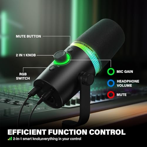 USB/XLR Gaming Microphone Set Dynamic Microphone for Recording Streaming | Dynamic Mic for Podcast Recording, Singing, PC Gaming, Streaming. RGB, Mute, Headphone Jack, Mic Arm. Discord, YouTube.