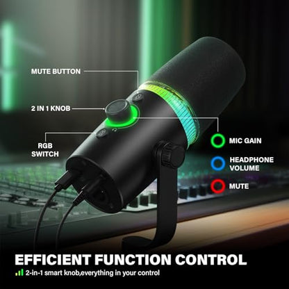 USB/XLR Gaming Microphone Set Dynamic Microphone for Recording Streaming | Dynamic Mic for Podcast Recording, Singing, PC Gaming, Streaming. RGB, Mute, Headphone Jack, Mic Arm. Discord, YouTube.