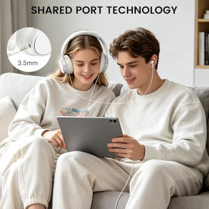 USB C Wired Over-Ear Headphones with Microphone | Volume Control, Share Port, Adjustable Headband Foldable Stereo Headset for Adult/Teens for iPhone 16, Laptop, Gaming, Travel - color: White