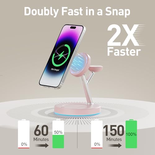 3 in 1 MagSafe Wireless Charger Stand for iPhone Apple Watch AirPods | Adjustable Blue Ambient Light,15W Magnetic Charging Station for iPhone 17 16 15 14 13 12 Series Wireless Charging Station - color: Pink