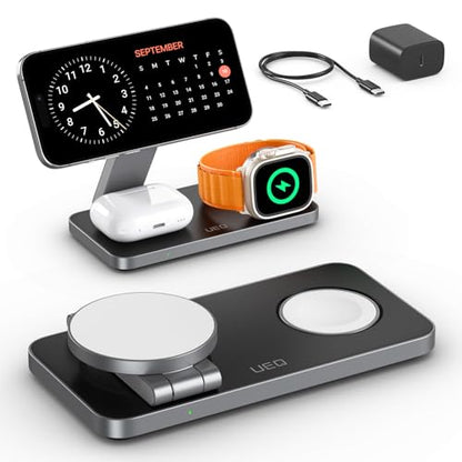 UEQ Foldable 3 in 1 Wireless Charging Station for Apple Compatible with Magsafe Charger Stand,Magnetic Wireless Charger Station for iPhone 17 Air16 15 14 13 12 Series,Airpods Pro,Apple Watch(Black) - color: Black