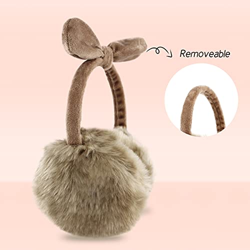 POXIMI Women Winter Earmuffs Girl Ski Adjustable Ear Covers for Kid Cute Bow Ear Warmer Outdoor Earmuff Fleece Lining - color: B-khaki