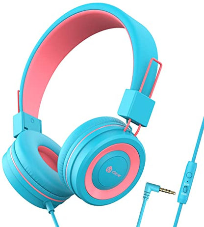 iClever HS14 아동용 헤드폰, 코드 포함, 오버이어 유아 남아 여아용 | SafeSound Tech, 스테레오 사운드, 접이식, 오버 이어 유아용 헤드폰, 어린이/학교/태블릿/여행용 내구성 있는 헤드폰 - color: 하늘색