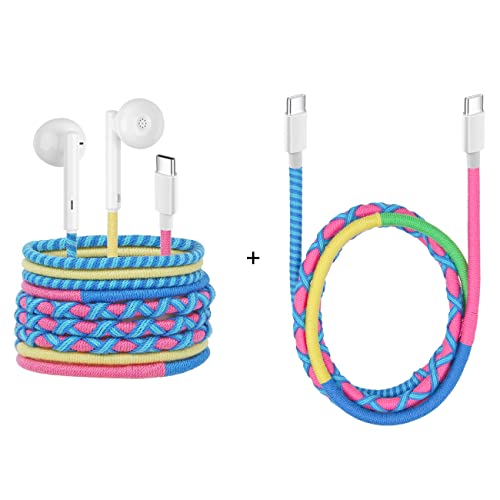 2packs Braided USB C Earphones, Colorful Earbuds, in Ear Headphones with Mic + USB C PD Charging Cables 2 Hours Full Charged