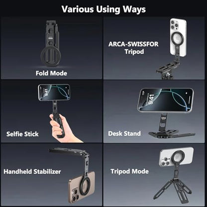 VRIG MG-21 Magnetic Phone Tripod Stand for iPhone, Aluminum Alloy Mini Foldable Tripod for Desk/Handheld, Cold Shoe Expansion Mount, Compatible with 1/4 Screw & Arca-Swiss Plates - size: MG-21 Tripod
